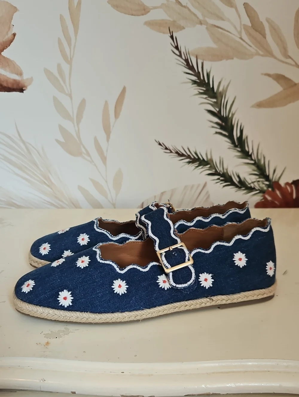 Maeve Denim Daisy Embroidered Espadrille Mary Jane Flats, NWT w/ Box, 38